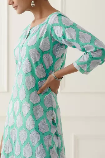 Blue cotton floral printed kurta set