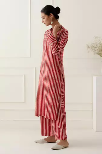 Red cotton stripes printed kurta set