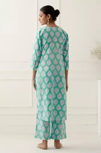 Blue cotton floral printed kurta set