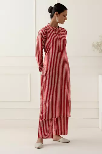 Red cotton stripes printed kurta set