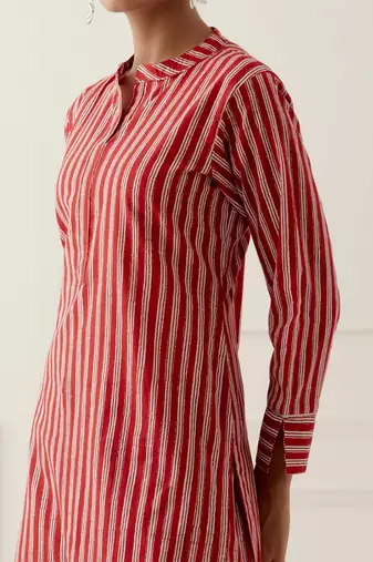 Red cotton stripes printed kurta set