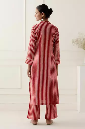 Red cotton stripes printed kurta set