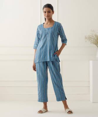 Aqua blue cotton stripes printed kurta and pant 1