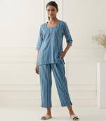 Aqua blue cotton stripes printed kurta and pant