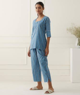 Aqua blue cotton stripes printed kurta and pant 2