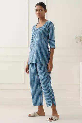 Aqua blue cotton stripes printed kurta and pant