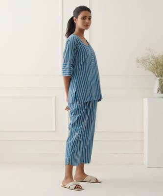 Aqua blue cotton stripes printed kurta and pant 3