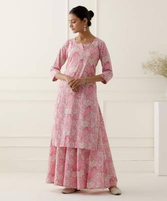 Pink cotton silk floral printed kurta set 1