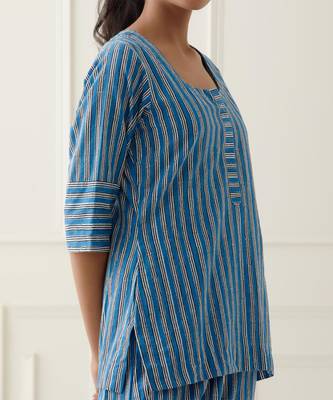 Aqua blue cotton stripes printed kurta and pant 4