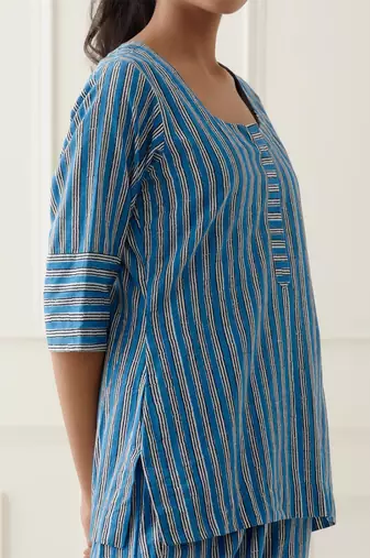 Aqua blue cotton stripes printed kurta and pant