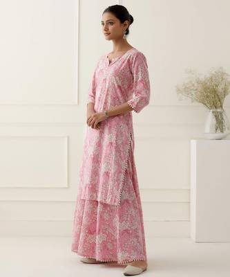 Pink cotton silk floral printed kurta set 2