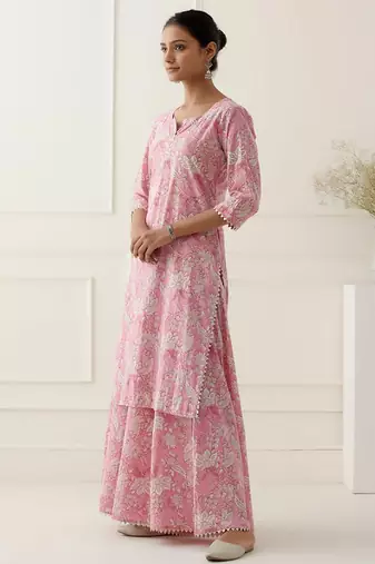 Pink cotton silk floral printed kurta set