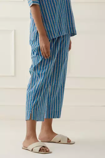 Aqua blue cotton stripes printed kurta and pant