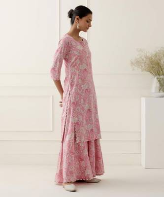 Pink cotton silk floral printed kurta set 3
