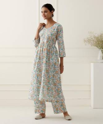 Multicolor floral printed cotton kurta set 1