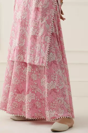 Pink cotton silk floral printed kurta set