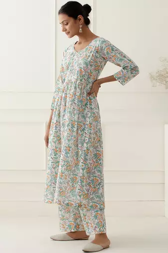 Multicolor floral printed cotton kurta set