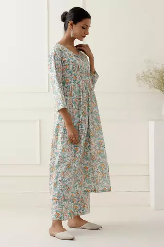 Multicolor floral printed cotton kurta set