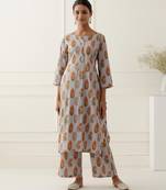 Grey cotton floral printed kurta set