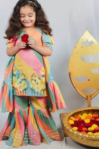 Multi colour leheriya print sharara set for kids