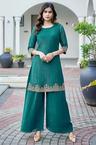  teal green crunchy shimmer organza floral embroidered festive & party co-ord set