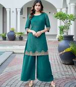  teal green crunchy shimmer organza floral embroidered festive & party co-ord set