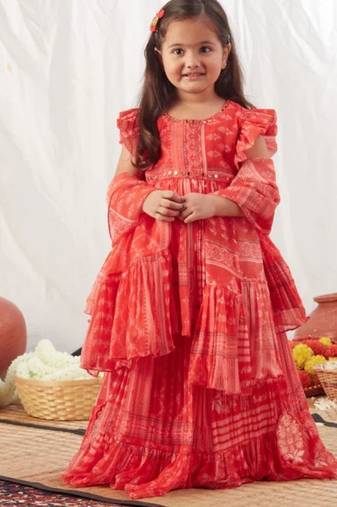 Red block printed peplum top & ghaghra