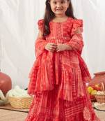 Red block printed peplum top & ghaghra