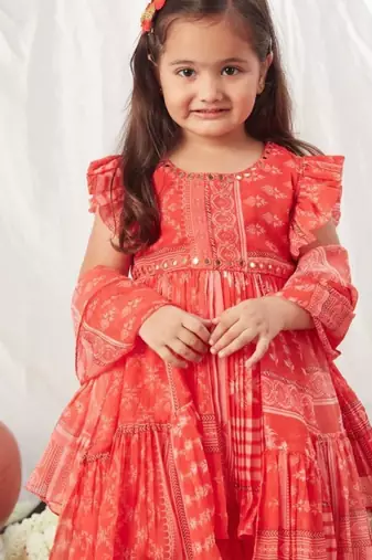 Red block printed peplum top & ghaghra
