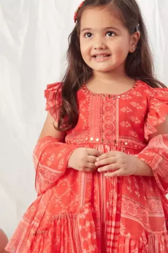 Red block printed peplum top & ghaghra