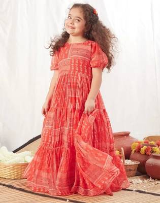 Red block printed dress for girls 1