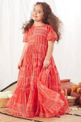 Red block printed dress for girls