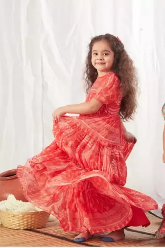 Red block printed dress for girls
