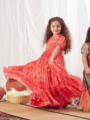 Red block printed dress for girls 3