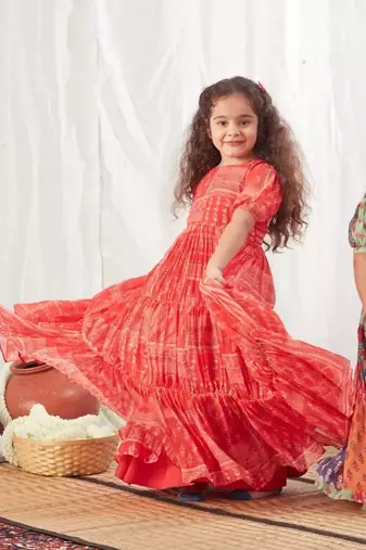 Red block printed dress for girls