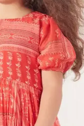 Red block printed dress for girls