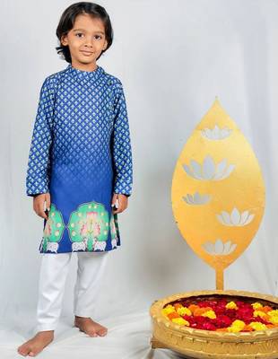 Blue crepe printed kurta set for boys 1