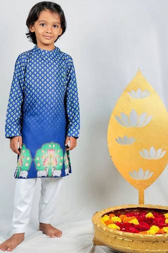 Blue crepe printed kurta set for boys