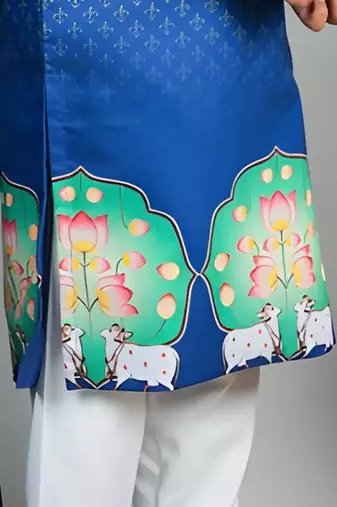 Blue crepe printed kurta set for boys