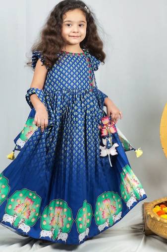 Blue crepe printed angrakha set for girls