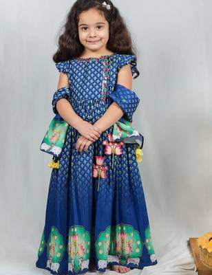 Blue crepe printed angrakha set for girls 2
