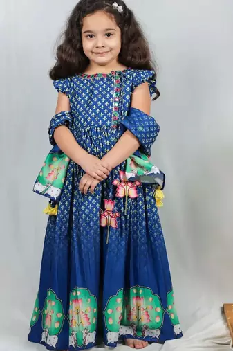 Blue crepe printed angrakha set for girls