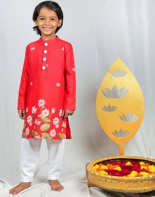 Red crepe hand embroidered kurta set for boys 1
