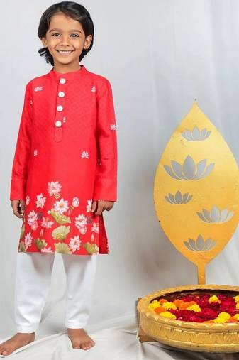Red crepe hand embroidered kurta set for boys