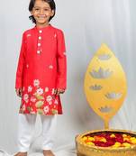 Red crepe hand embroidered kurta set for boys