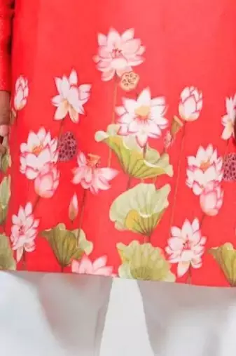 Red crepe hand embroidered kurta set for boys
