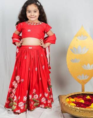 Red printed & embroidered lehenga set for girls 1