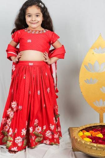 Red printed & embroidered lehenga set for girls