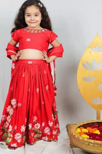 Red printed & embroidered lehenga set for girls