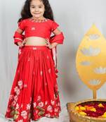 Red printed & embroidered lehenga set for girls